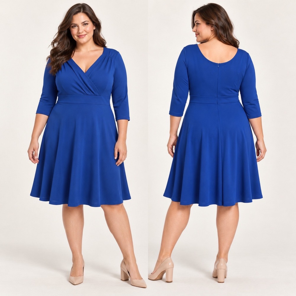 Grace Karin Faux Wrap Fit & Flare 3/4 Sleeve Size 2XL Blue Dress Wedding Guest